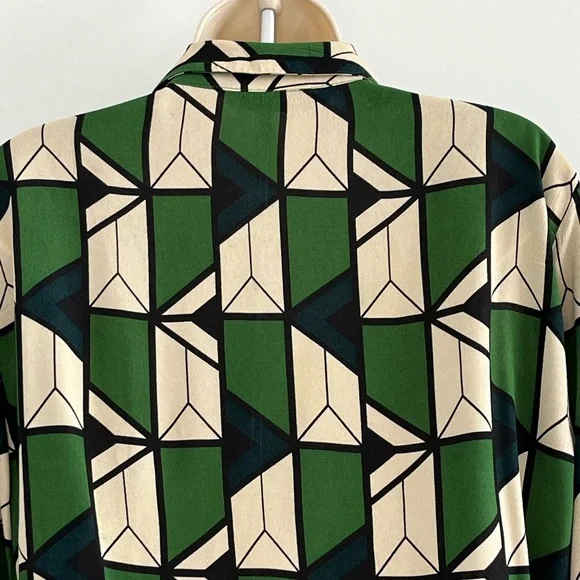 Zara Green Black Cream Geometric Printed Collared V-neckline Blouse Size Large - Picture 9 of 16